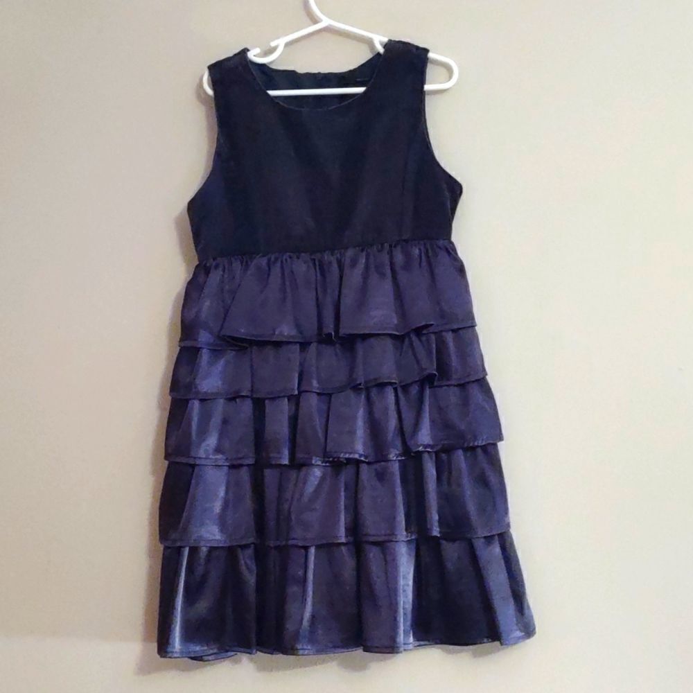 Benetton Class Navy Velvet Bodice Party Dress Girls 6/7 Ruffle Skirt Zip Back